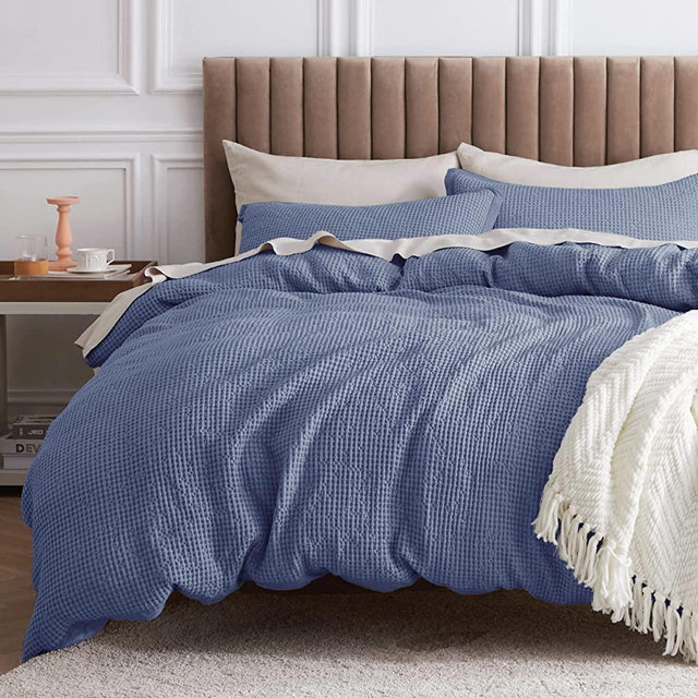 Bedsure Cotton Duvet Cover King - 100% Cotton Waffle Weave Washed Blue Duvet Cover King Size, Soft and Breathable King Duvet Cover Set for All Season (King, 104x90'')