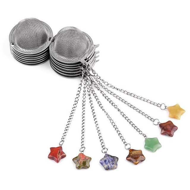 5 Pcs Tea Filter Stainless Steel with Star Crystal Energy Stone Tea Strainers with Fine Mesh Extend Chain Hook Tea Ball Infuser for Loose Tea Leaves Spices Seasonings