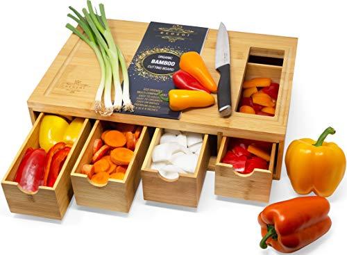 ecozoi EXTRA LARGE Bamboo Cutting Board with 4 Bamboo Drawer ORGANIZER TRAYS | Kitchen Cutting Boards, Chopping Boards, Butcher Block | ERGONOMIC Cutting Board with Storage | REDESIGNED FOR STURDINESS