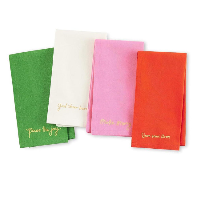 KATE SPADE NEW YORK Holiday Cheers Cloth Napkins 4-Pack Set, 100% Cotton with Metallic Holiday Quotes, Machine Washable, Multi, 20"x20"