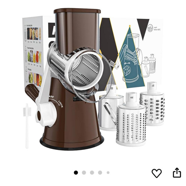 Cambom Rotary Cheese Grater Hand Crank Cheese Shredder for Fresh Cheese, Vegetable, Nuts,Non-slip Suction Base, Free Cleaning Brush Three Blades, Coffe Color