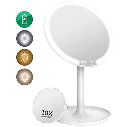EASEHOLD Makeup Vanity Mirror Rechargeable with 3 Color 42 LEDs Dimmable Lights 1X/10X Magnifying 90°Rotation Cosmetic Beauty Portable Detachable Countertop Circle Tabletop Desk Face Mirror