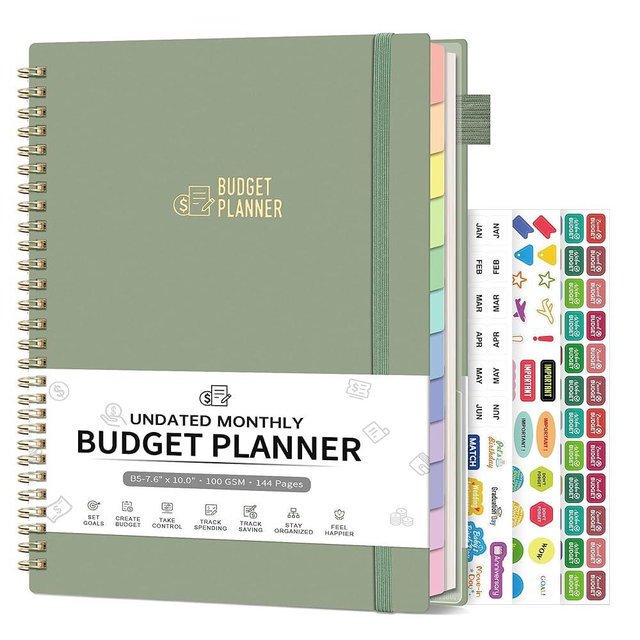 Budget Planner - Monthly Budget Book for Daily Expense Tracking, Business, Debt, Savings, B5 (7.3" x 10.15") Undated Financial Planner with Colorful Tabs Manages Your Money Effectively, Light Green