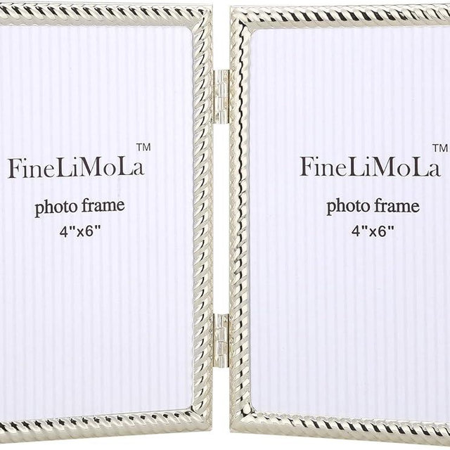 FineLiMoLa 4x6''Silver Double Frames Rope Design Metal Photo Frame with Black Velvet Backing and Real Glass Front,4x6''Silver Hinged Double Picture Frame for Tabletop and Shelf Display