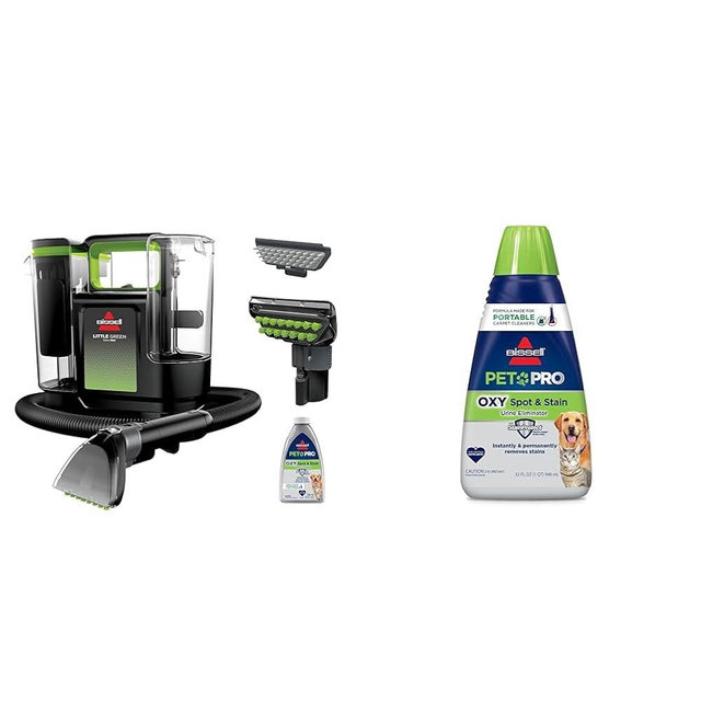 BISSELL® Little Green® Max Pet Portable Carpet and Upholstery Deep Cleaner, Car/Auto Detailer + BISSELL® PET PRO OXY Spot & Stain Formula for Portable Carpet Cleaners, 32 oz., 2034