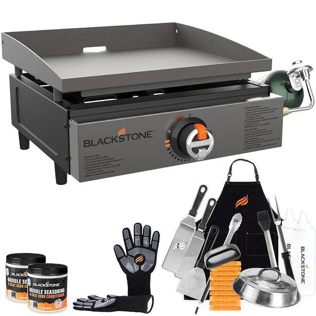Blackstone Tabletop Griddle 2142 17 Inch Portable Blackstone Grill with Stainless Steel Front for Camping and Tailgating, with Blackstone Griddle Accessories, Seasoning, and Blackstone Griddle Gloves