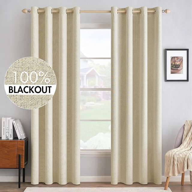 MIULEE 100% Blackout Linen Textured Curtains for Bedroom Solid Thermal Insulated Cream Grommet Room Darkening Curtains & Drapes Luxury Decor for Living Room Nursery 52 x 72 Inch (2 Panels)