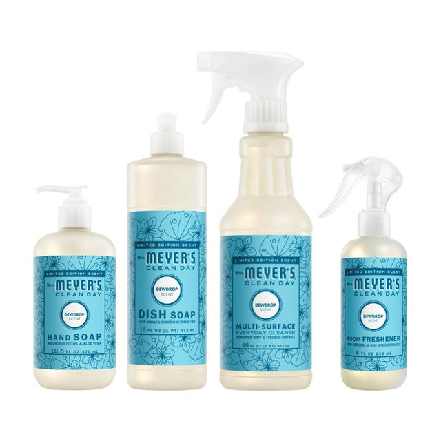Mrs. MEYER'S Clean Day Dewdrop Scent Variety Pack, 1 Room Freshener 8 Fl Oz, 1 Liquid Dish Soap 16 Fl Oz, 1 Liquid Hand Soap 12.5 Fl Oz, 1 Multi-surface Cleaner 16 Fl Oz, Dewdrop, 1 CT