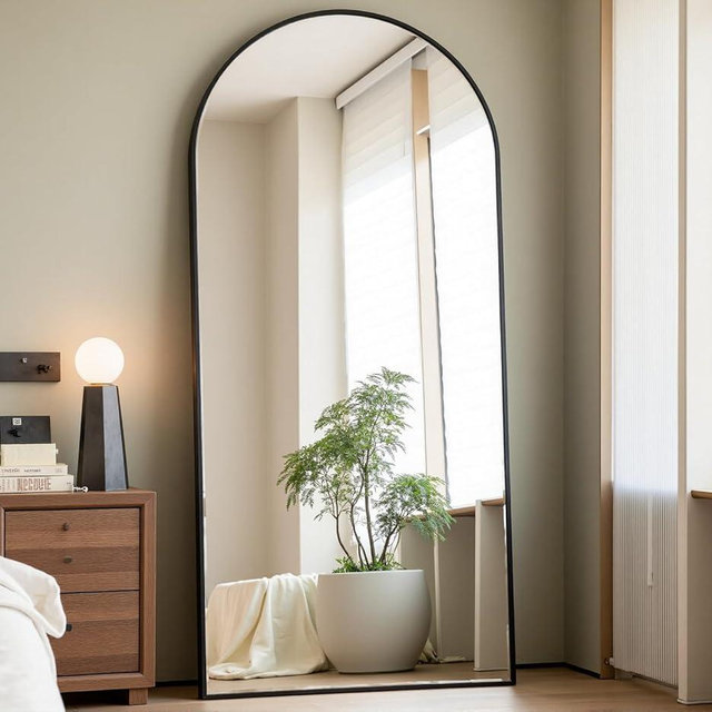 Prywot Arched Full Length Mirror, 70"x26" Free Standing Floor Mirror, Modern Full Body Mirrors with Stand, Wall Mirrors with Aluminum Alloy Frame for Bedroom,Living Room, Black
