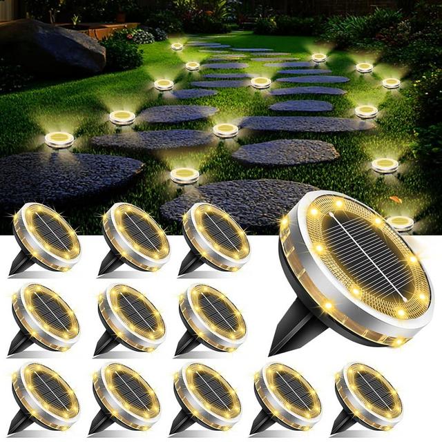 Solar Ground Lights Outdoor 12 Pack Waterproof, Upgraded Solar Garden Lights with 4 Side Light, Stainless Steel Solar Powered Disc Landscape Light for Walkway Pathway Lawn Yard Patio Deck-Warm White