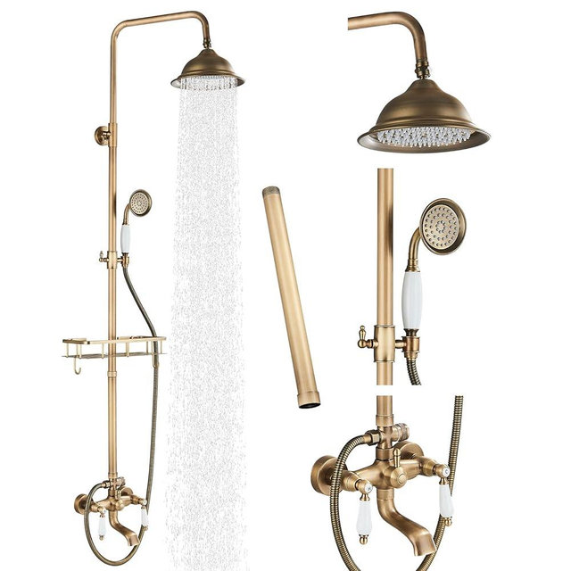 Gmusre Antique Brass Shower System Set Shower Fixture Faucet 8 Inch Rain Shower Head Double Cross Handle Tub Spout Shower Combo System Unit Set,12 Inch Extension Tube Included