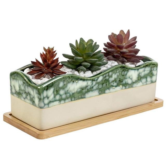 MyGift Rectangular Succulent Planter - Decorative Beige and Green Ceramic Glazed Plant Container Pot with Removable Bamboo Tray