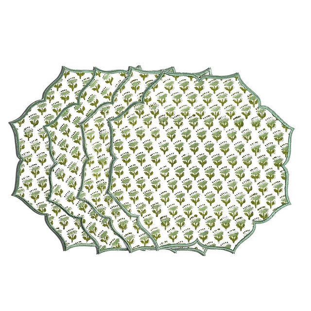 CPC Cotton Placemats Set of 4-Handmade Block Printed Double Layered, Machine Washable, Flower Scalloped & Embroidered Cloth Table Mats - 15 x 15 inch Emerald Green
