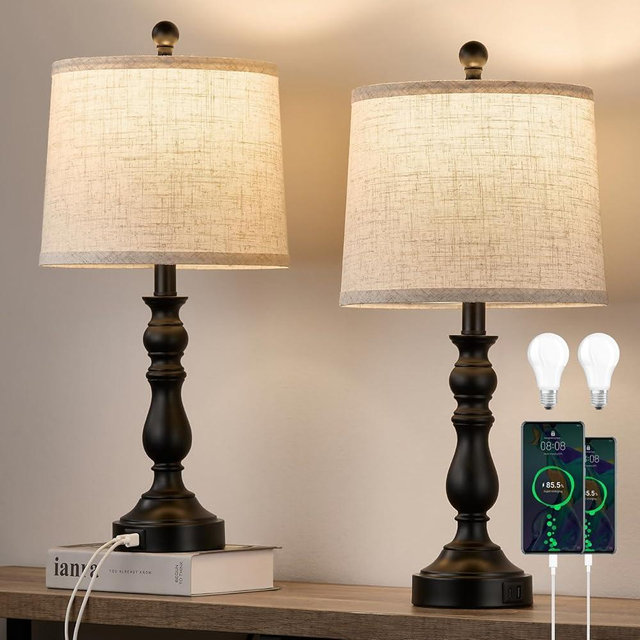 Leasgy 23'' Farmhouse Table Lamps for Living Room Set of 2 with USB C+A Ports, Retro Bedside Lamp for Bedroom, Office, Dining Room, Knob Switch, 3 Color Temperatures, Bulb Included, Black