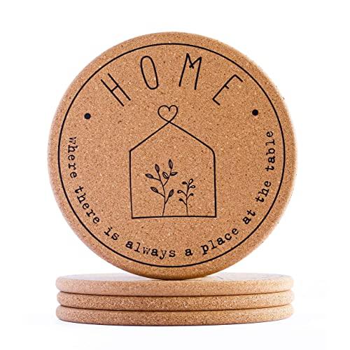 Cork Trivet Hot Pads for Kitchen Counter - Home Design | Set of 4 | 7.3 inches | Farmhouse Holder for Hot Dishes