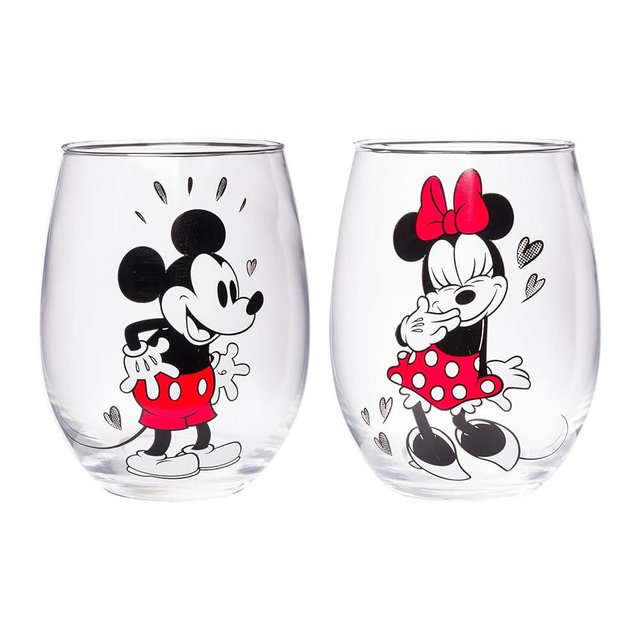 Silver Buffalo Disney Mickey and Minnie Love Halftone Hearts Boxed 2pc Stemless Glass Set, 20 Ounces