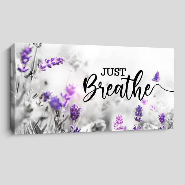Creoate Just Breathe Bedroom Wall Art, Purple Lavender Picture with Inspirational Quotes Canvas Print Artwork for Home Decoration, 15.7 x 7.8 inches