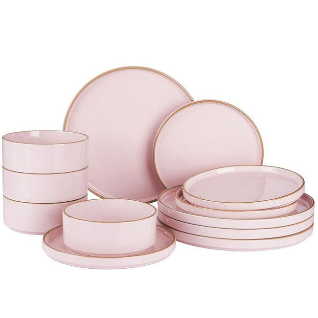 Famiware Nebula Plates and Bowls Sets for 4, 12 Pieces Stoneware Dinnerware Set, Microwave and Dishwasher Safe Dishes Set, Light Pink with Brown Rim