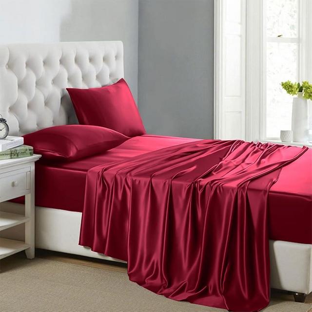Lanest Housing Silk Satin Sheets, 4-Piece California King Size Silk Bed Sheet Set with Deep Pockets, Cooling Soft and Hypoallergenic Satin Sheets Cal King - Scarlet Red