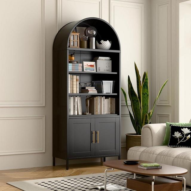 VEXPOR 73 in Tall Metal Arched Bookcase, 5-Tier Arched Bookcase with Doors, Modern Farmhouse Bookshelf with 2 Adjustable Shelves, Kitchen Pantry Cabinet for Living Room, Black, Assembly Required