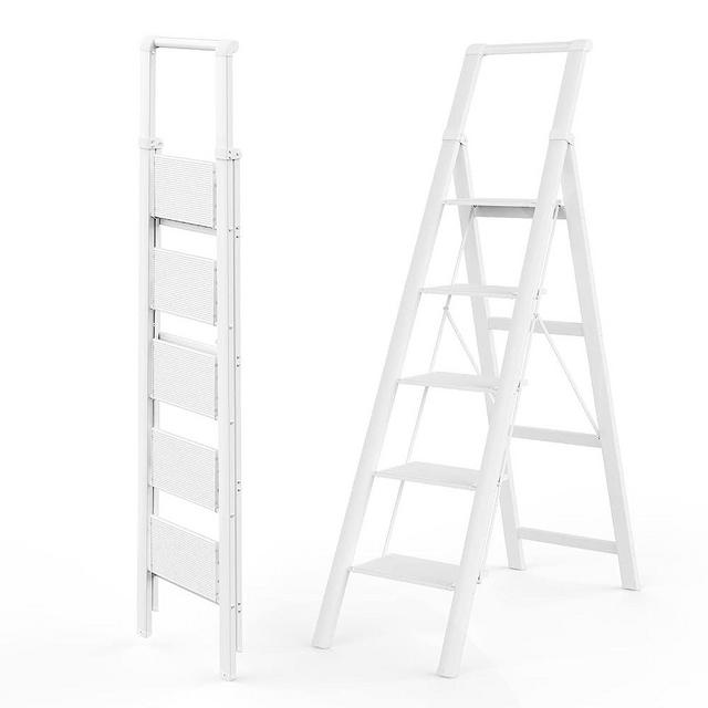 WOA WOA 5 Step Ladder, Lightweight Portable 5 Step Folding Ladder with Safety Handgrip, Kitchen Step Stool with Wide Anti-Slip Pedals, Capacity 300 Lbs - White