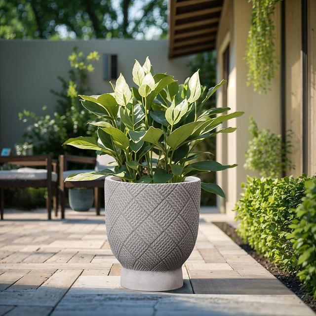 LuxenHome 16.5" H Concrete Tall Urn Planters, Large Outdoor Indoor Decorative Plant Pots with Drainage Holes and Rubber Plug, Modern Gray Glen Woven Pattern Flower Pot Planters for Home Garden Patio