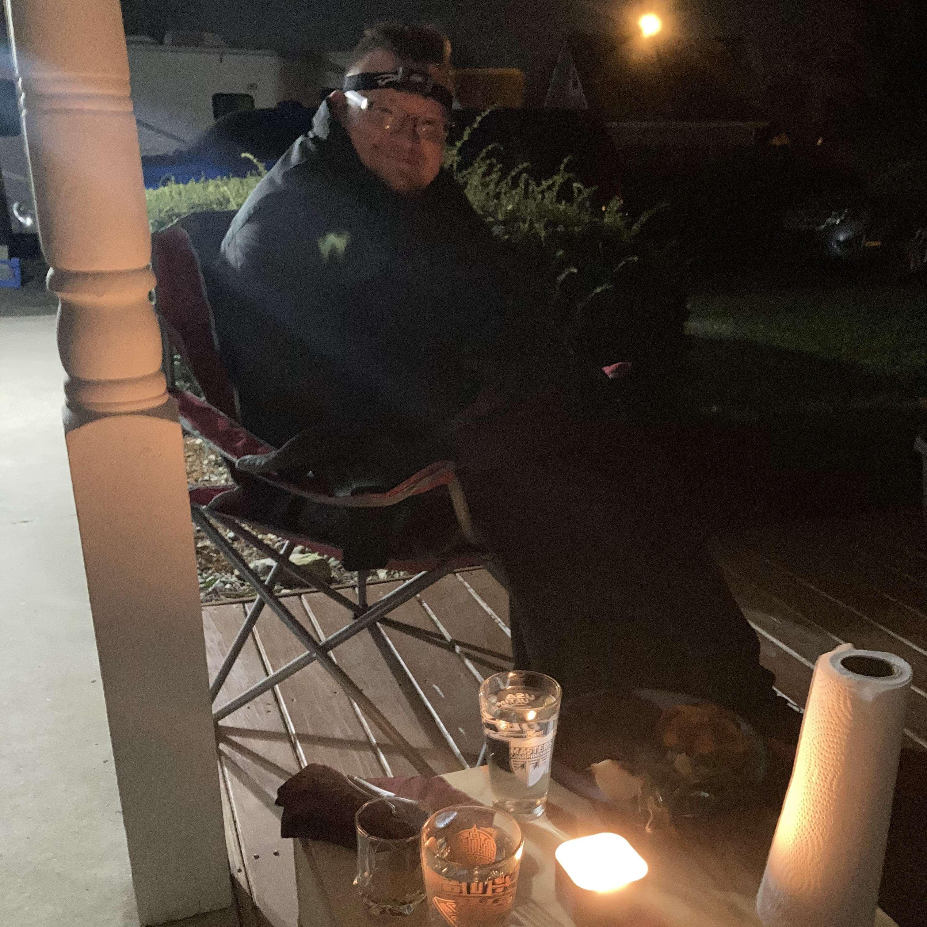 Dinner by candlelight on Rachel's front porch.