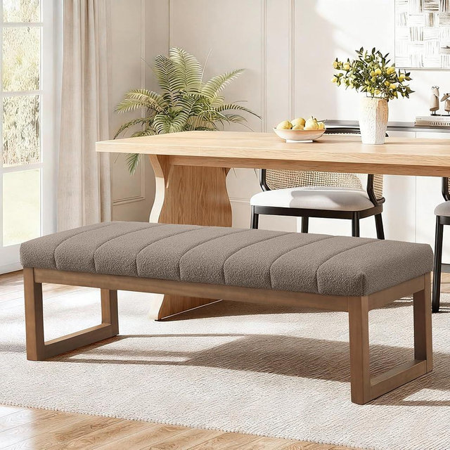 Zihanhome 52.7" Bedroom Bench for End of Bed, Modern Upholstered Teddy Fabric Entryway Bench & Dining Bench, Footrest Stool Bench with Solid Wood Frame for Bedroom, Living Room (Dark Brown)
