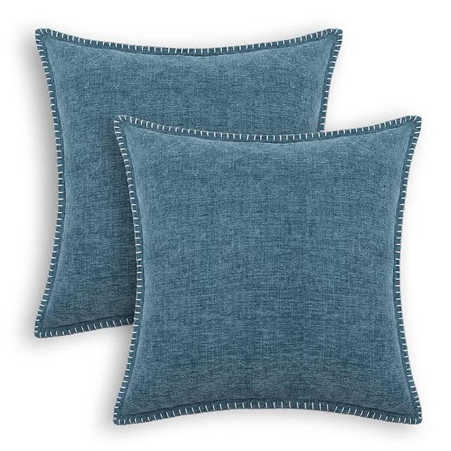 CaliTime Throw Pillow Cases Pack of 2 Cotton Thread Stitching Edges Solid Dyed Soft Chenille Cushion Covers for Couch Sofa Home Farmhouse Decoration 18 X 18 Inches Smoke Blue