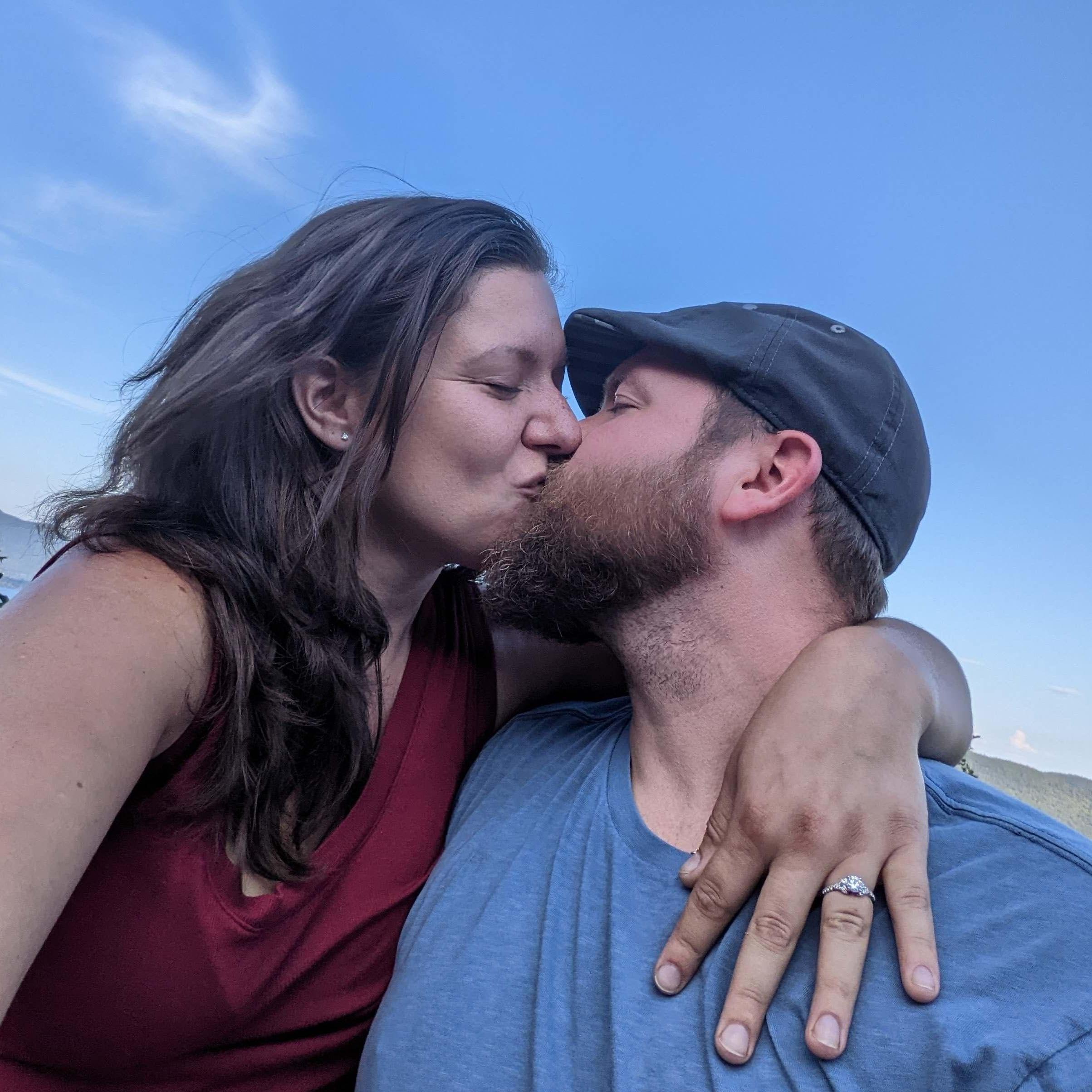 On Prospect Mountain in Lake George, right after he proposed.