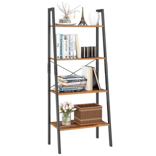 Homfa Ladder Shelf 4 Tier Vintage Bookshelf Bookcase Multifunctional Plant Flower Stand Storage Shelves Rack Wood Look Accent Metal Frame Modern Furniture Home Office