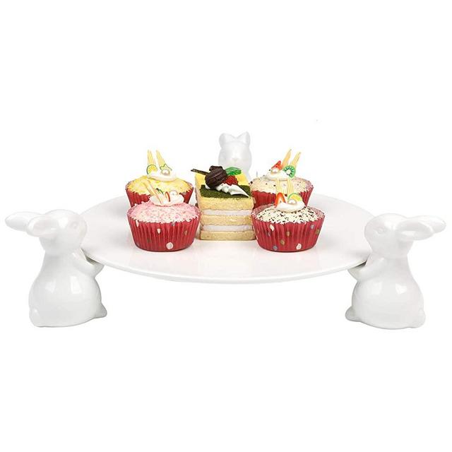 Decorative White Ceramic Bunny Rabbit Cake Stand, 16-Inch Dessert Plates Food Server Display Tray