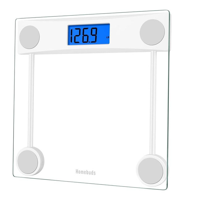 Homebuds Digital Bathroom Scale for Body Weight, High Precision Assured by Weight Scale Professional Factory SINCE 2001, Blue Backlit LCD and Step-On, 2*AAA Batteries Included, 400lb/182kg Clear Glass