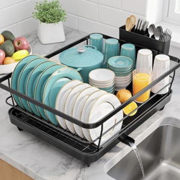 Sakugi Dish Drying Rack - Stainless Steel Dish Rack with Drainboard for Kitchen Counter and Sink, 15.6" D x 12" W x 5" H, Black