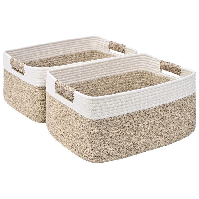2 Pack Large Storage Basket for Organizing, 17.5"x13.5"x7.5" Woven Basket for Shelves, Closet Storage Bins with Wrapped Handle, Cotton Rope Baskets for Kitchen, Clothes, Toys(Off White & Brown)