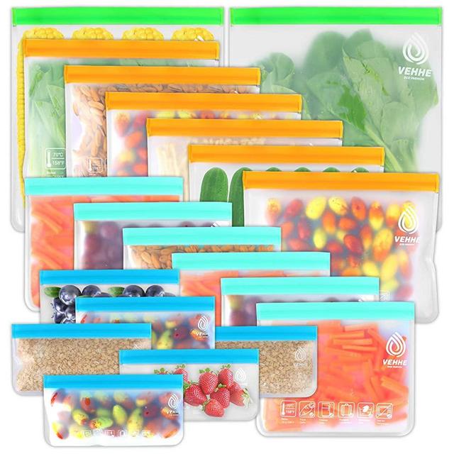 VEHHE 20 Pack Reusable Storage Bags (2 Gallon Ziplock Bags + 6 Reusable Snack Bags + 6 Reusable Freezer Bags + 6 Sandwich Bags) Leakproof Food Bags For Lunch Travel Cosmetic
