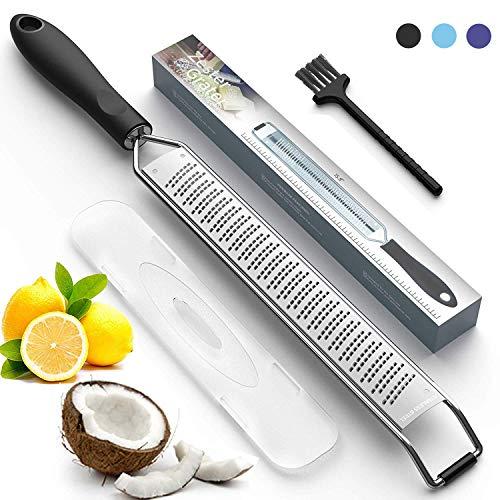 Lemon Zester & Cheese Grater – Premium Stainless Steel - A Sharp Kitchen Tool for Ginger, Garlic, Nutmeg, Chocolate, Vegetables, Fruits, Dishwasher Safe, Black