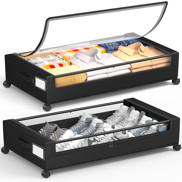 YEEBONIX Under Bed Storage with Wheels, 2 Pack Square Under Bed Storage Containers, 60L Under The Bed Storage Bins, Rolling Under The Bed Storage Metal Drawer for Clothes, Blankets, Shoes...