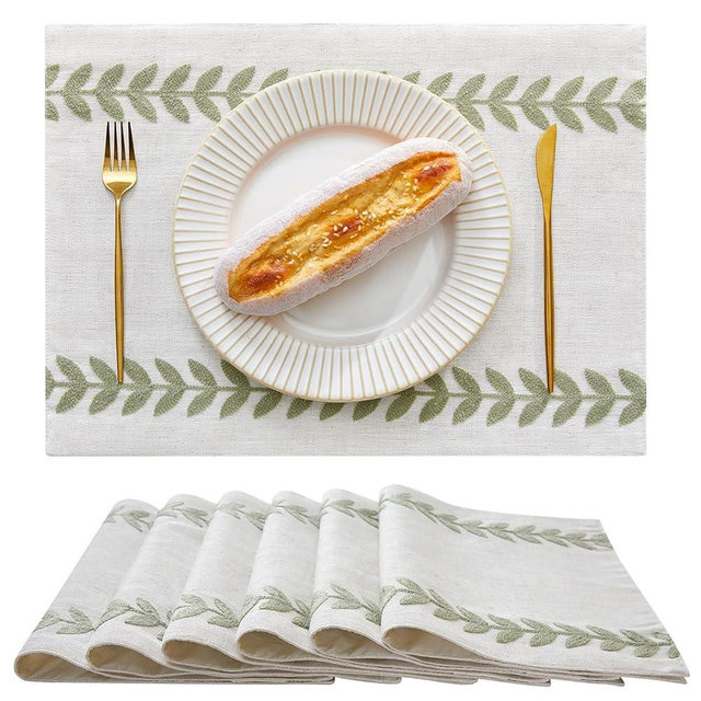 Wracra Embroidered Placemats, 13 x 18 Inch Set of 6 Placemats, Irregular Willow Rustic Place Mats for Kitchen Table and Heat Resistant, Light Sage Green 6PCS