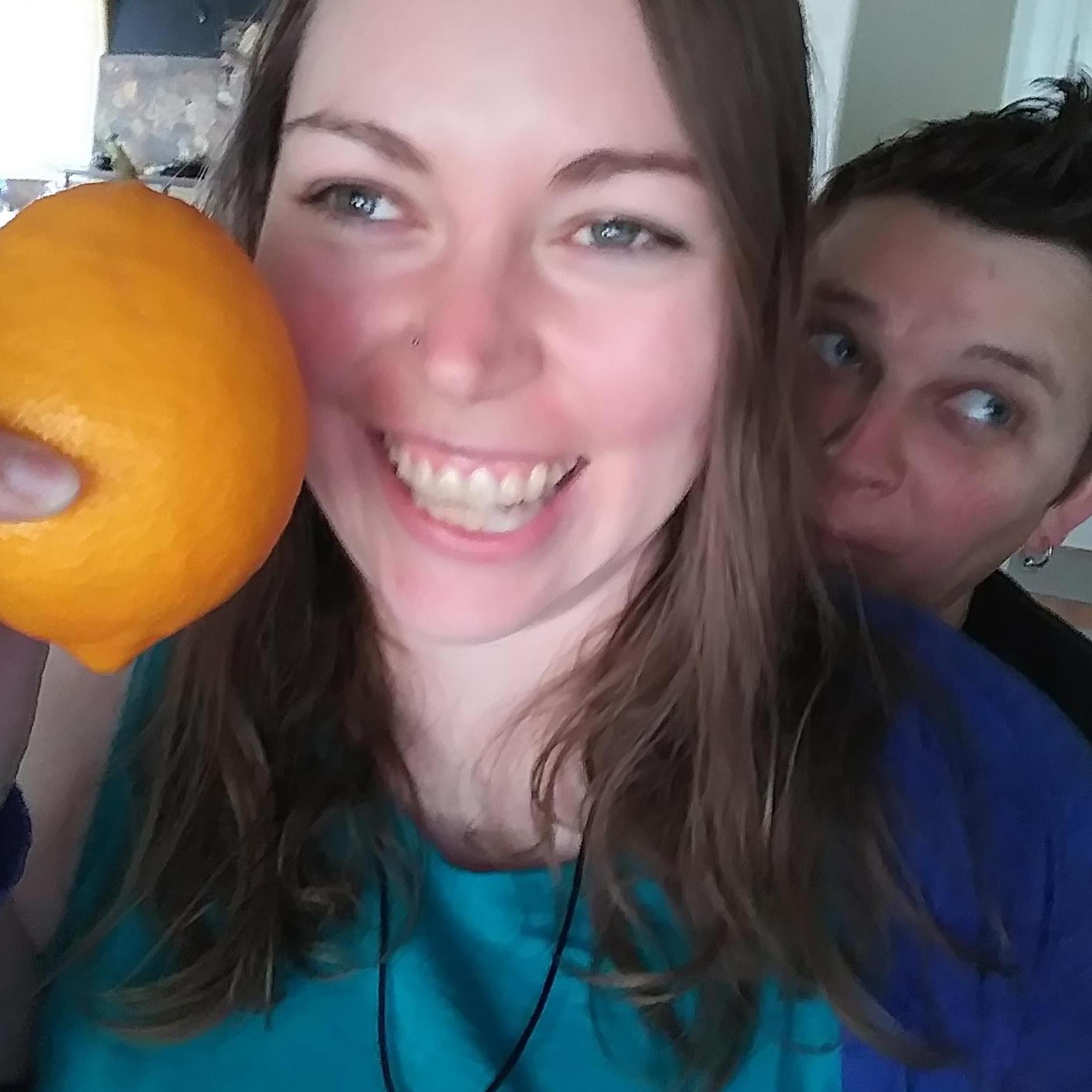 2 goofs and a very large lemon (Renee's first freshly picked citrus).