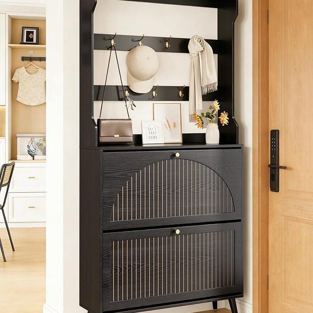 Fsbecl Shoe Cabinet for Entryway with 2 Flip Drawers & Coat Rack, Narrow Hidden Shoe Storage Cabinet with Fluted Panel, 2-in-1 Hall Tree Slim Freestanding Shoe Rack Organizer for Hallway, Black