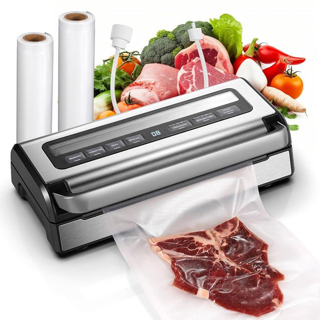 95KPa Automatic Vacuum Sealer, 9-in-1 Food Sealer for Dry/Moist/Liquid Foods, Double Heat Seal & Pump, Includes Bag Rolls & Hose, Stainless Steel