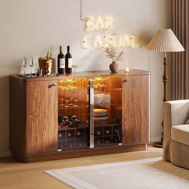 beronbaer Coffee Bar Cabinet with LED Light & Glass Doors, 60" Wine Liquor Cabinet with Wine Rack & Glass Holder & Adjustable Shelves, Coffee Station Sideboard Buffet Cabinet for Living Room Kitchen