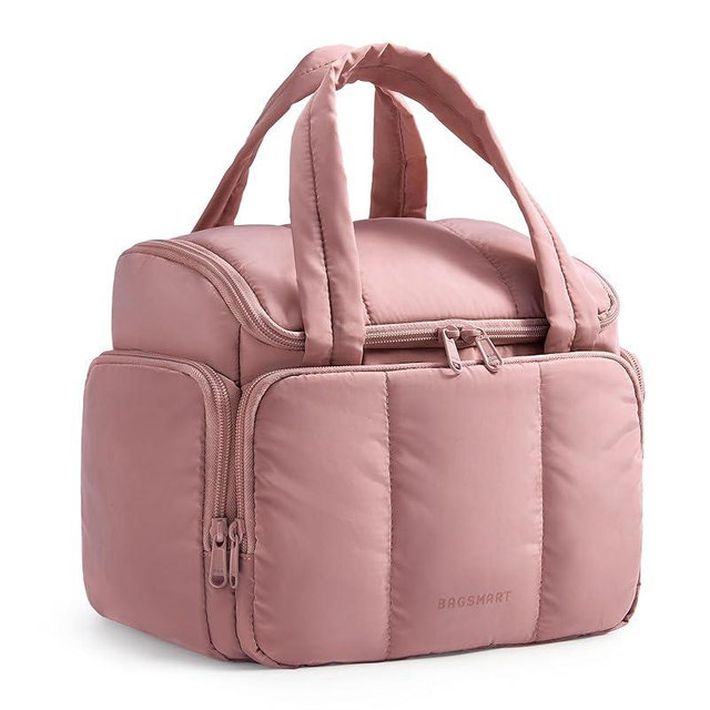 BAGSMART Travel Toiletry Bag for Women with Puffy Water-Resistant Fabric, Roomy Makeup Bag Organizer for Travel-Sized Toiletries & Accessories (Nude Pink)