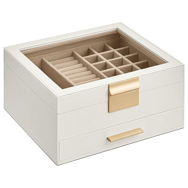 SONGMICS Jewelry Box with Glass Lid, 2-Layer Jewelry Organizer, 1 Drawers, Jewelry Storage, Modern, Gift Idea, Christmas Gifts, Cloud White and Gold Color UJBC174W01
