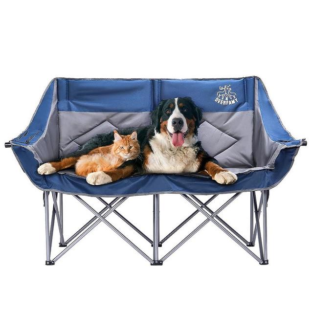 DEERFAMY Foldable Camping Loveseat with Cooler Bag and Cup& Wine Glass Holder,Portable Double Camping Chair for Adults with Padded Seats & Armrests, Heavy Duty Outdoor Loveseat Supports up to 530lbs