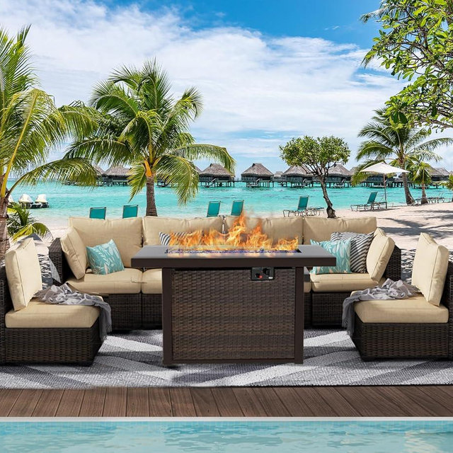 7 Piece Patio Furniture Set with 42" Fire Pit Table Outdoor Sectional Conversation Sofa Set with Coffee Table and Comfortable Cushions, Beige