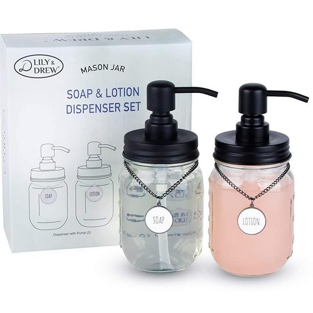 Lily & Drew Mason Jar Soap Dispenser and Lotion Dispenser Set for Kitchen or Bathroom (2) with Tags (2) and Stainless-Steel Pumps (Black)