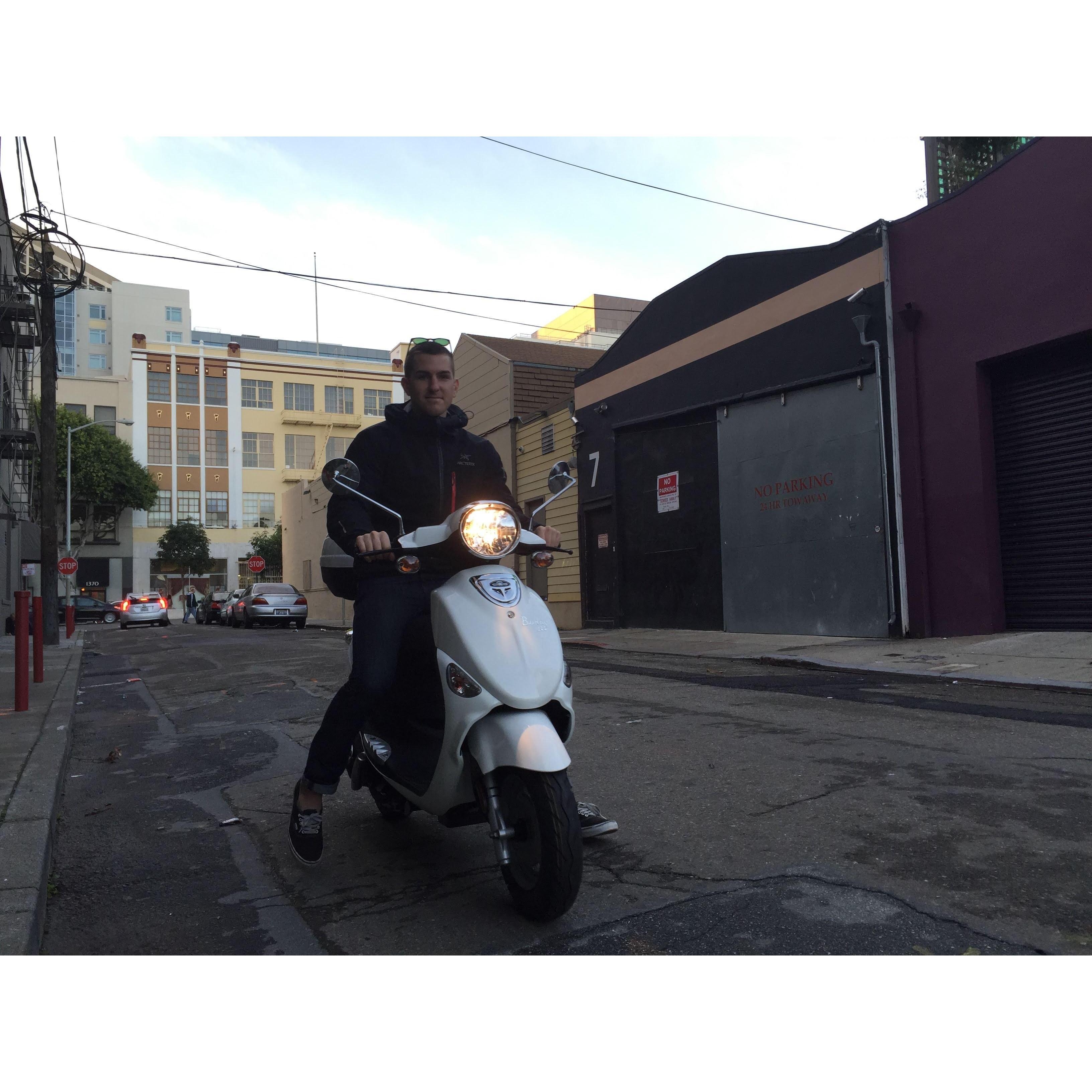 Kyle bravely takes my brand new scootie across the Bay Bridge