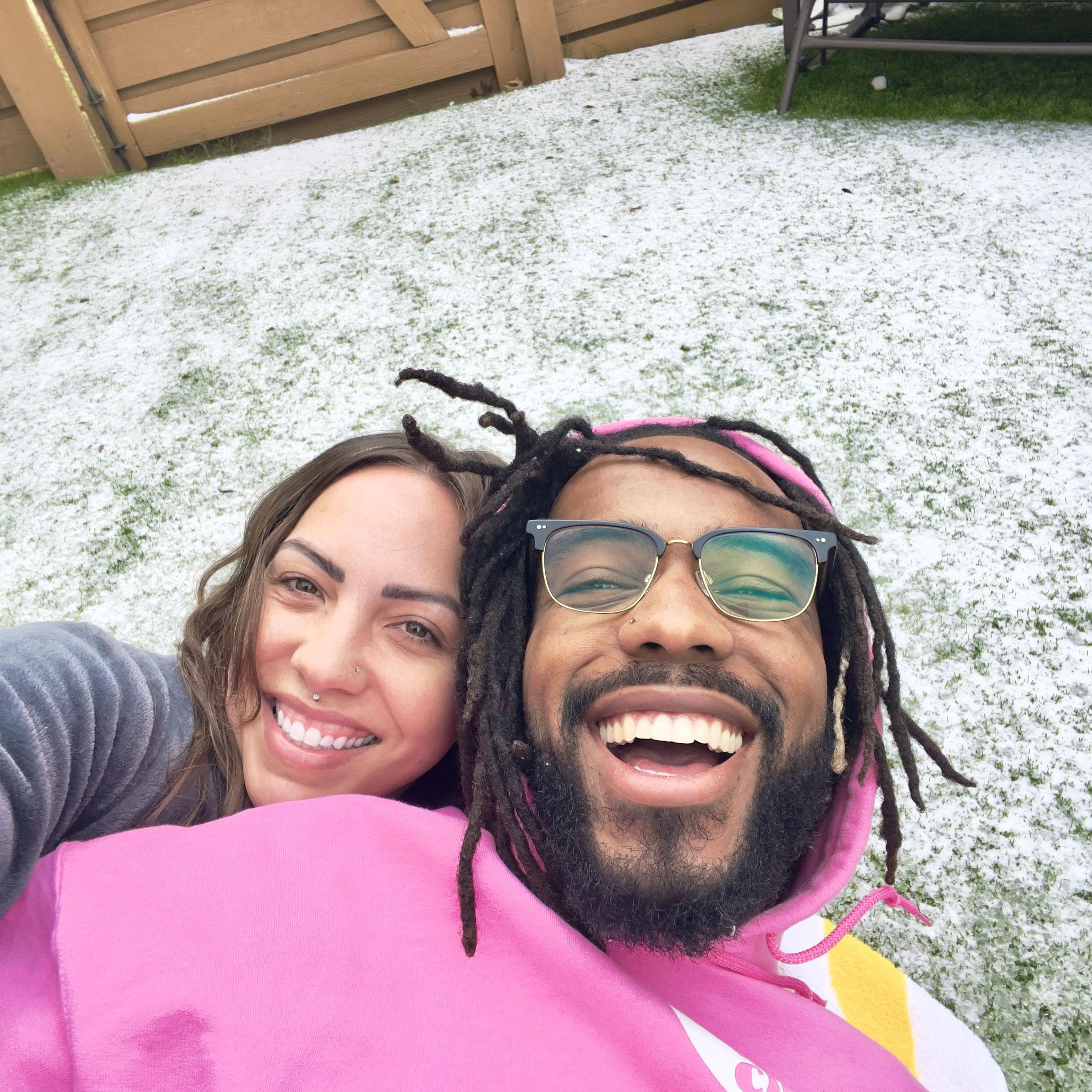 First snowfall, first mini snowman, and a our first very cold snowball fight